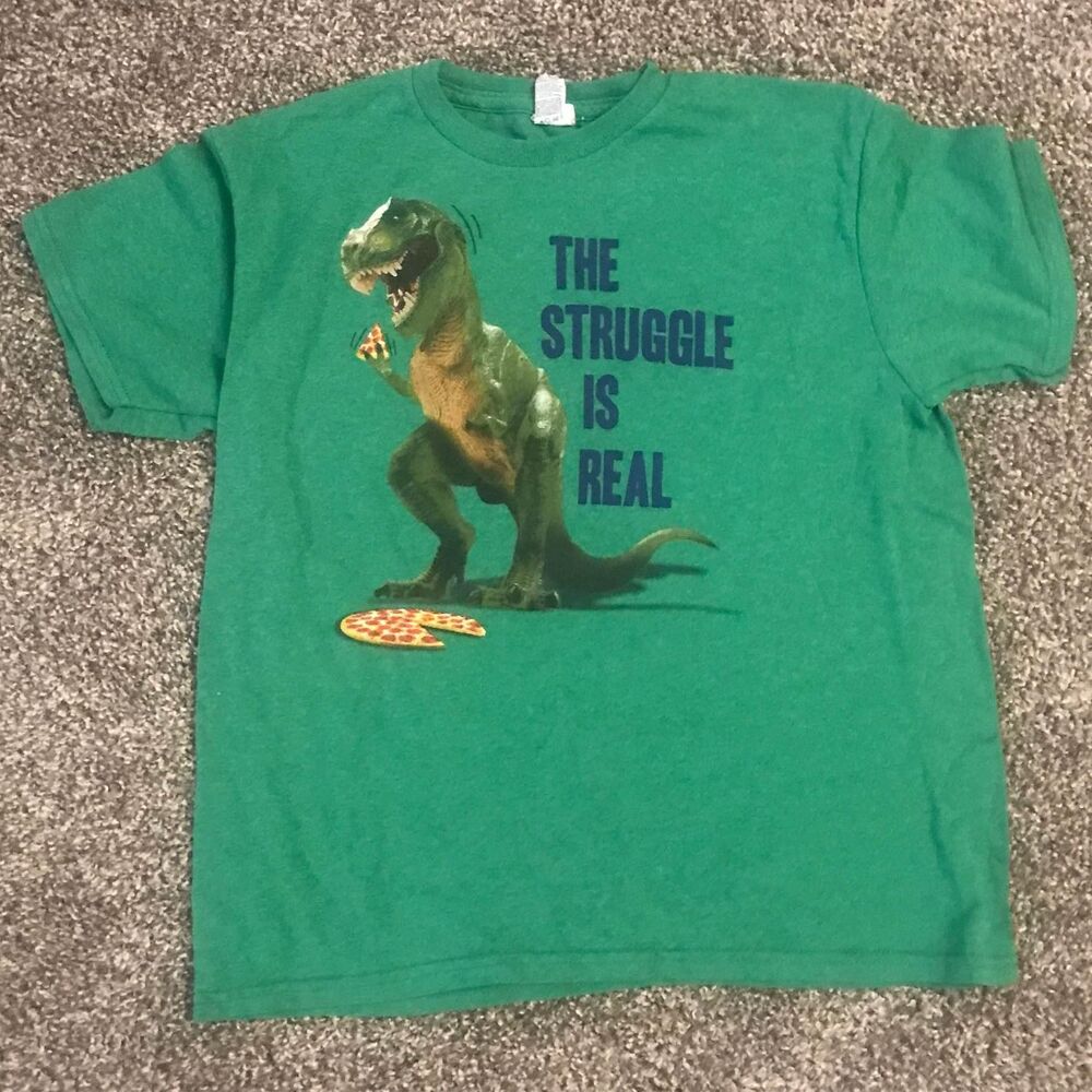 Boys size M Medium dinosaur pizza green tshirt “The struggle is real”